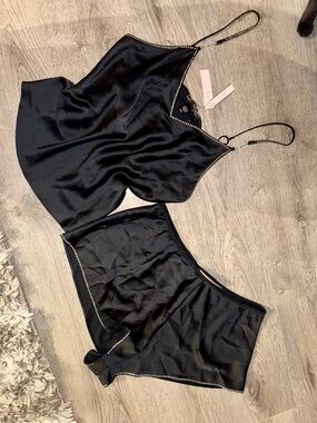 Victoria's Secret black satin cami and shorts pajama set with rhinestones NEW